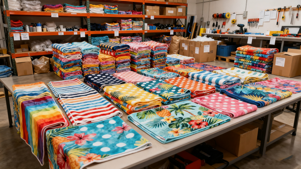Stacks of colorful custom beach towels ready for wholesale