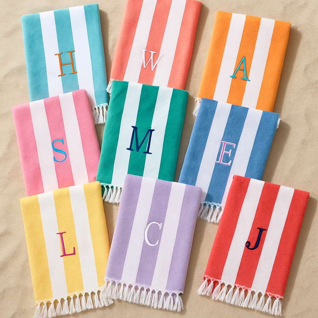 Assortment of colorful monogrammed beach towels