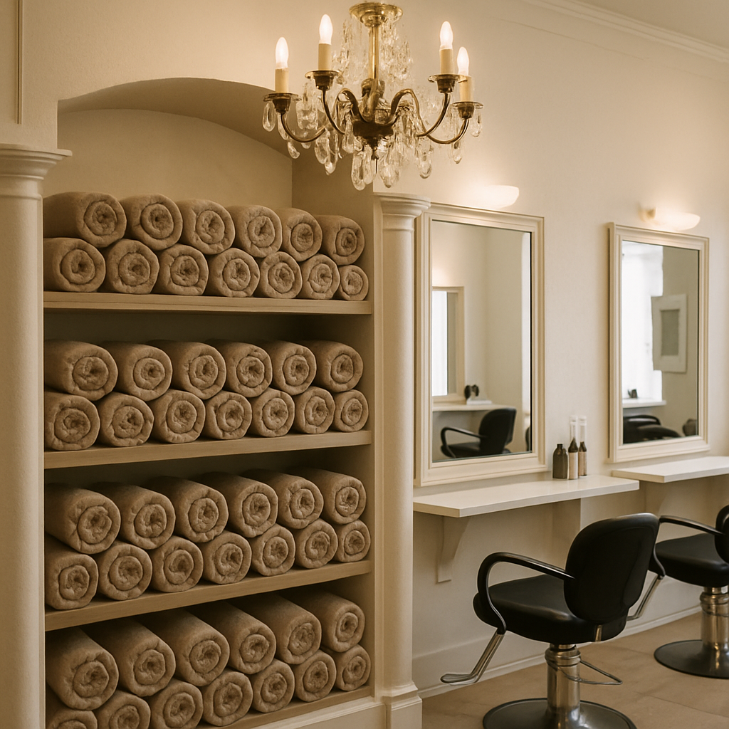 A salon showcasing elegant, matching towels on display