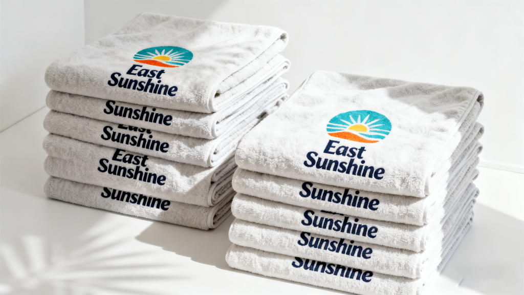 Stack of customized salon towels with logos
