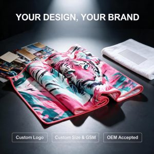 Microfiber sports towel with pink tiger and tropical leaf print on a gym floor, quick dry, absorbent and skin-friendly