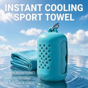 Wet microfiber cooling towel being snapped in the air to activate instant cooling
